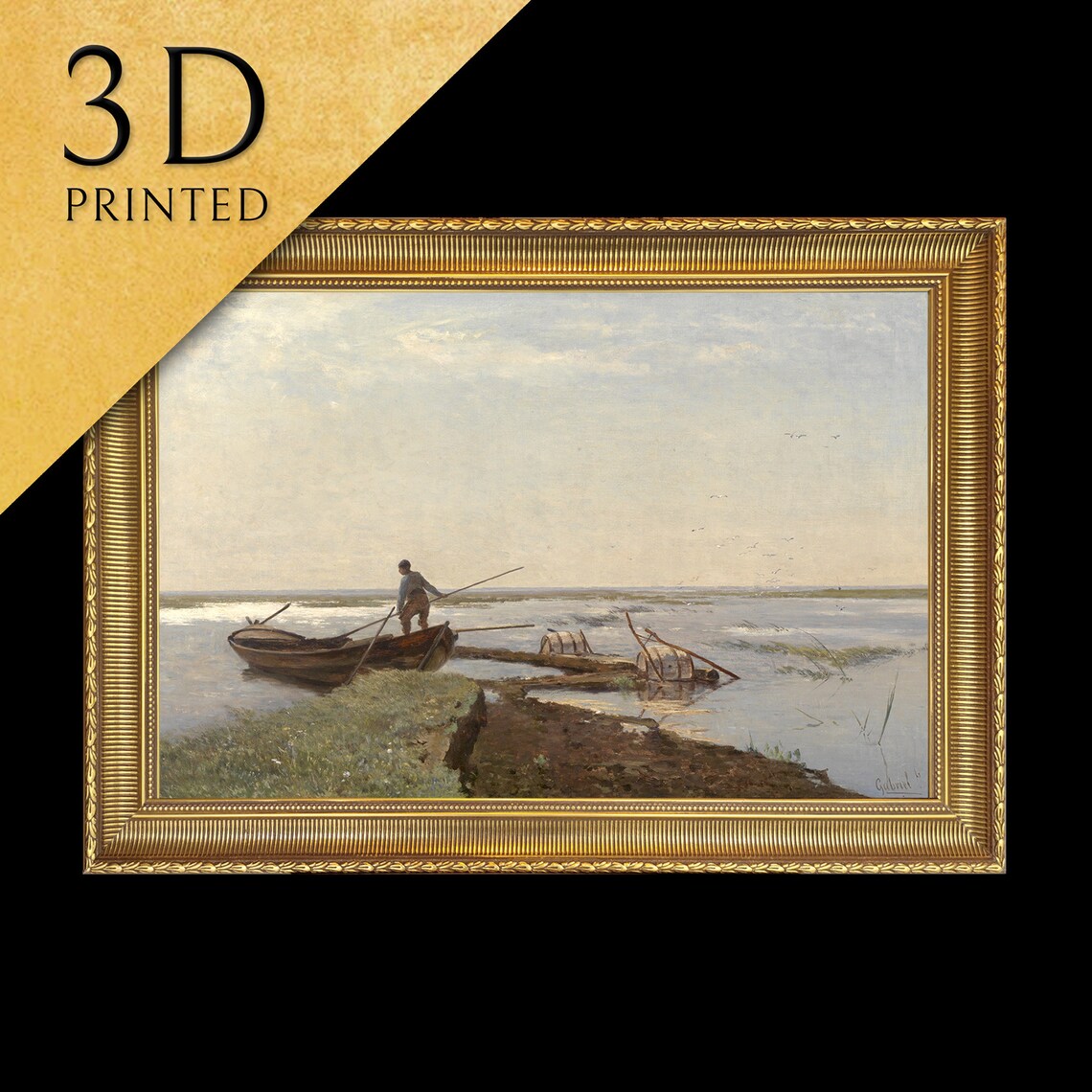Fisherman Pushing Rowboat Calm Lake Vintage Seascape Art Print