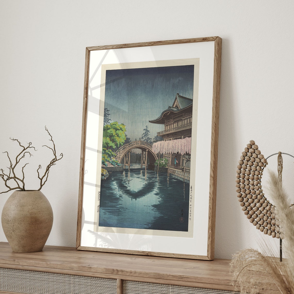 Tsuchiya Koitsu Evening Temple Bridge in Rain Woodblock Art Poster - Image 4
