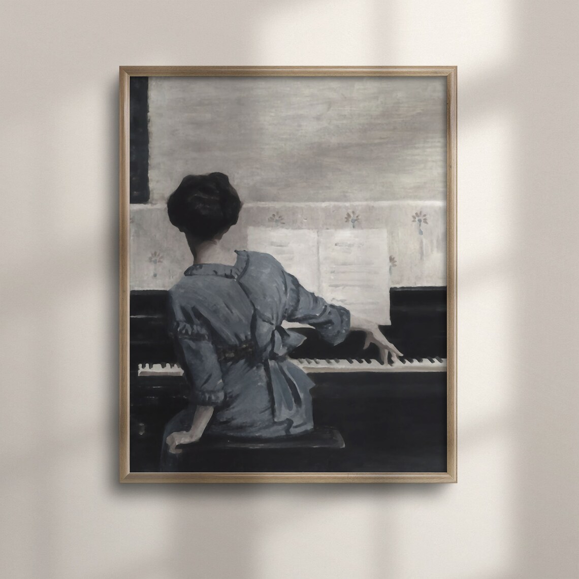 Woman Playing Piano Seen from Behind Muted Vintage Interior Painting Poster