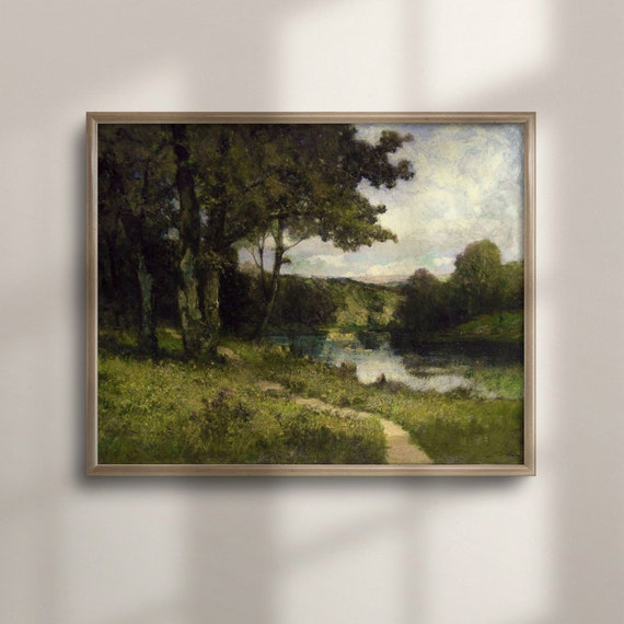 Vintage Countryside And River Landscape Art Forest And Farmhouse Wall Decor English Cottage Meadow Oil Painting C16 571