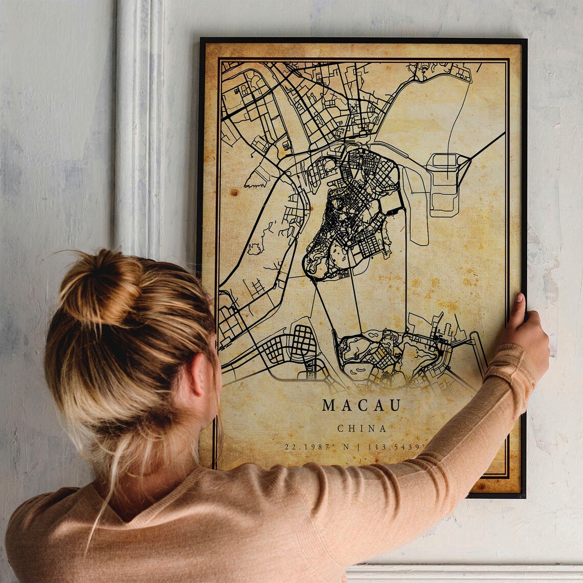 Macau China Vintage City Street Map Asian Harbor Travel Poster - Image 2