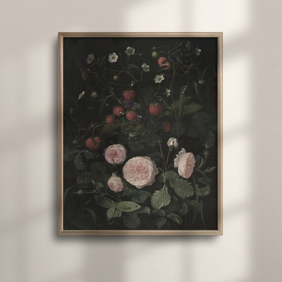 Dark Roses And Strawberries Still Life Vintage Moody Floral Poster