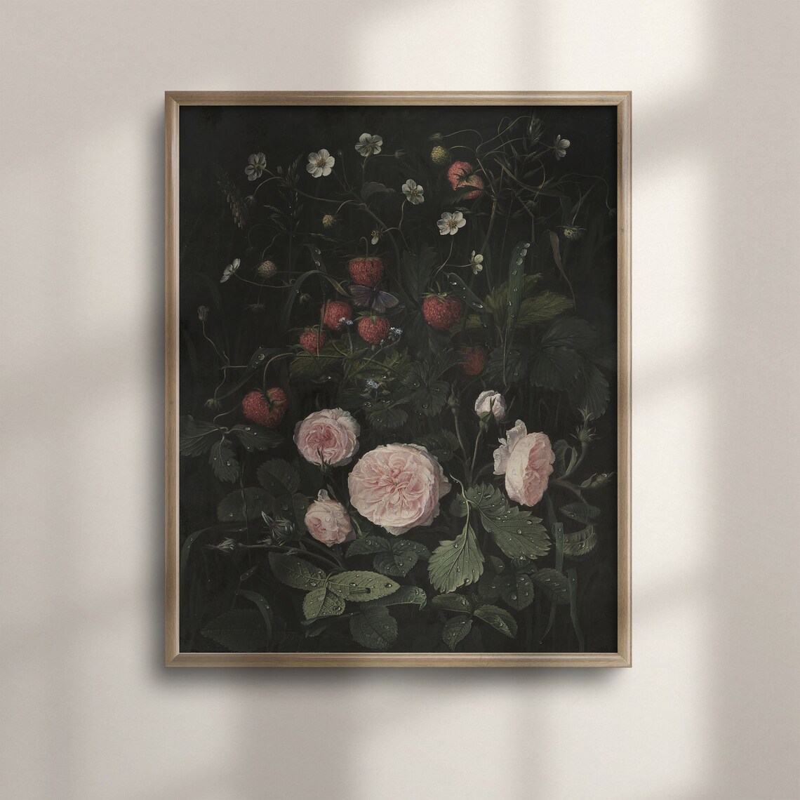 Dark Roses And Strawberries Still Life Vintage Moody Floral Poster