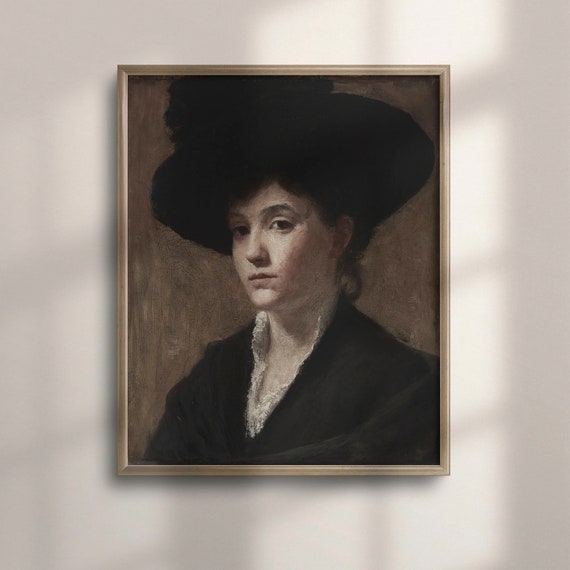 Victorian Lady in Black Hat Antique Oil Portrait Painting Poster