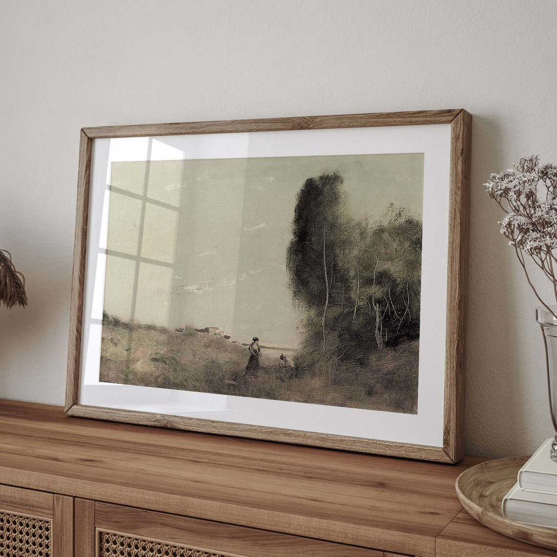 Pale Tonalist Landscape with Two Walkers Antique Oil Art Poster - Image 4