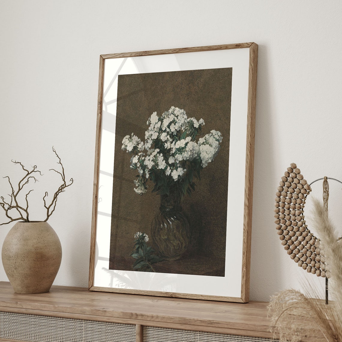 White Blossoms In Dark Vase Vintage Moody Floral Still Life Poster - Image 4