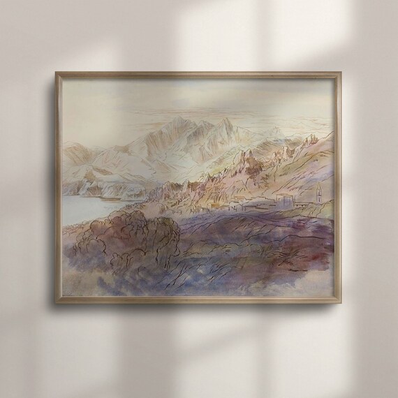 Mountain Panorama with Seaside Village Antique Watercolor Painting Poster
