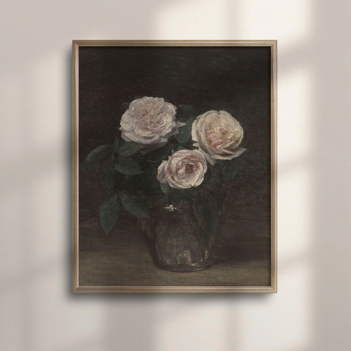 Three White Roses in Vase Dark Moody Vintage Oil Painting Poster