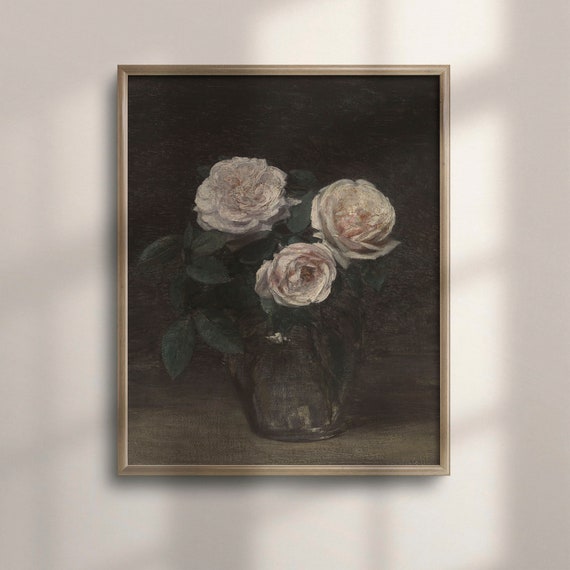 Antique Floral Oil Painting Vintage Rose Wall Art Pink Flower Gallery Decor Moody Bedroom Art Poster C16 1099
