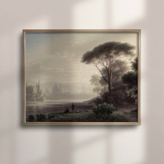 Farmhouse Decor Vintage Landscape Oil Painting Warm Tones Scenery Antique Wall Art Laundry Room Artwork C16 226