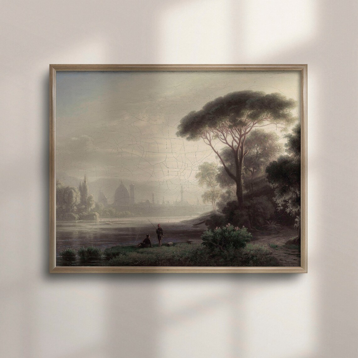 Vintage Misty River Pine Fishermen Old Town Warm Hues Art Poster