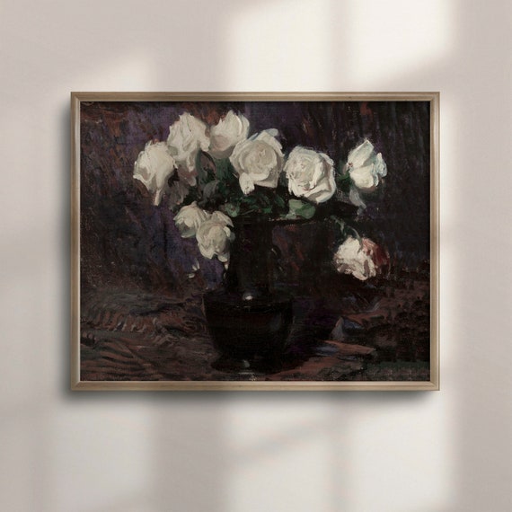 Vintage Floral Art Moody Botanical Dark Roses Painting Square Wall Art Oil Painting Reproduction Flower Still Life Decor C16 174