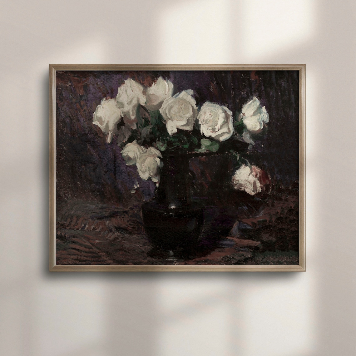 White Roses Dark Vase Moody Floral Still Life Oil Painting Poster