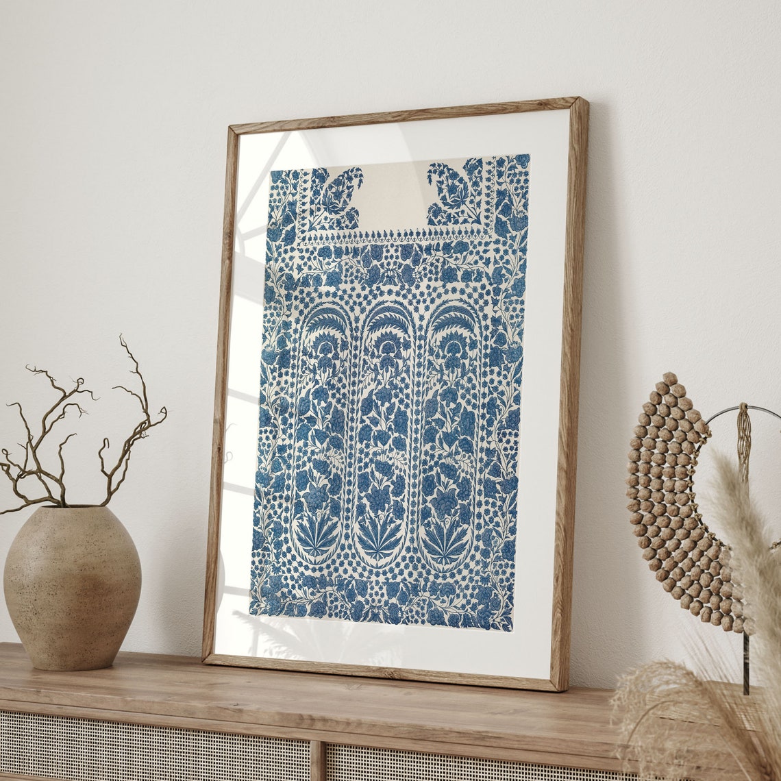 Blue White Floral Textile Pattern Vintage Tapestry Art Poster - Image 4