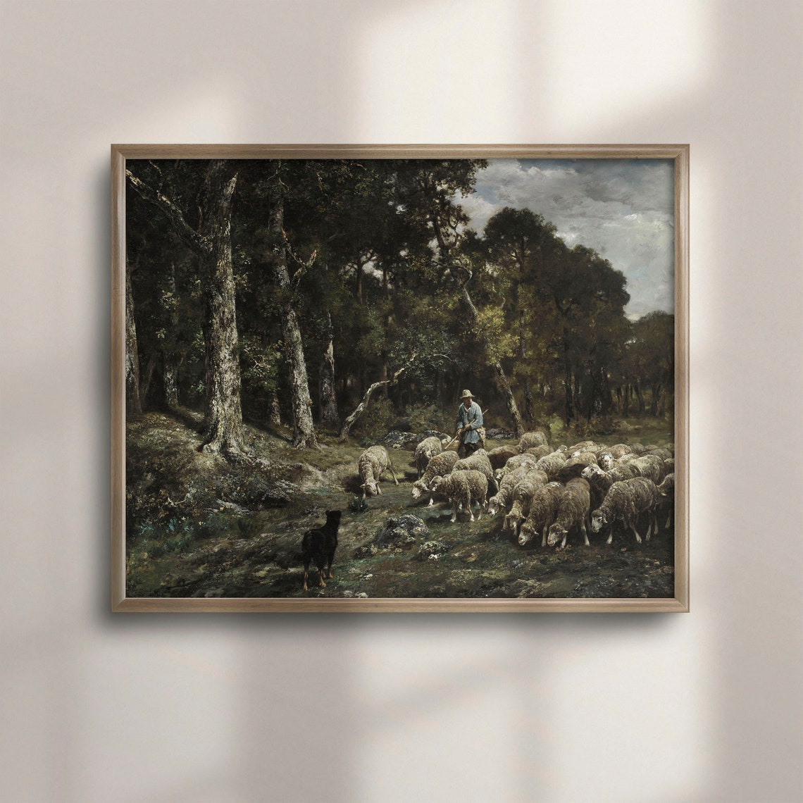 Shepherd Leading Flock of Sheep Through Dark Forest Vintage Oil Poster