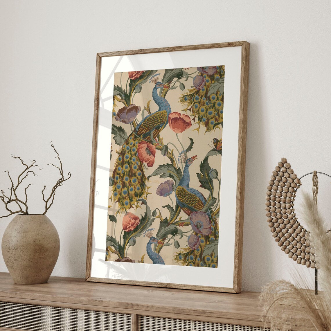 Vintage Peacock And Poppies Botanical Bird Art Print - Image 4