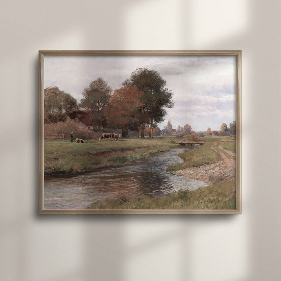 Vintage Autumn Stream Cows Wooden Bridge Rustic Fall Art Poster