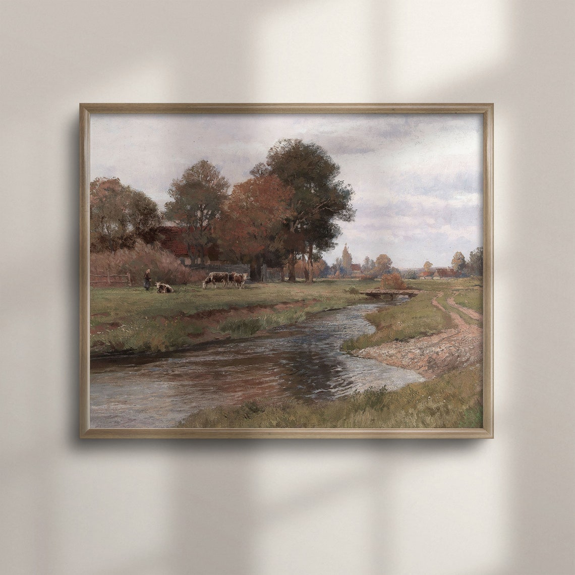 Vintage Autumn Stream Cows Wooden Bridge Rustic Fall Art Poster