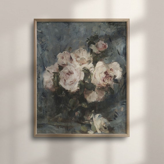 Vintage Floral Still Life Art Pink Roses Botanical Print French Farmhouse Decor Moody Vintage Flower Wall Art Fine Farmhouse C16 1144