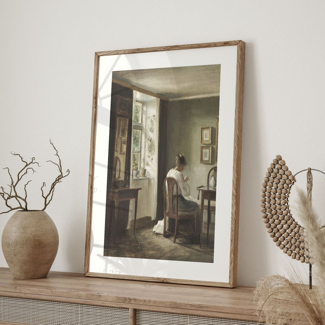 Antique Interior Woman Sewing by Window Vintage Oil Painting Poster - Image 4