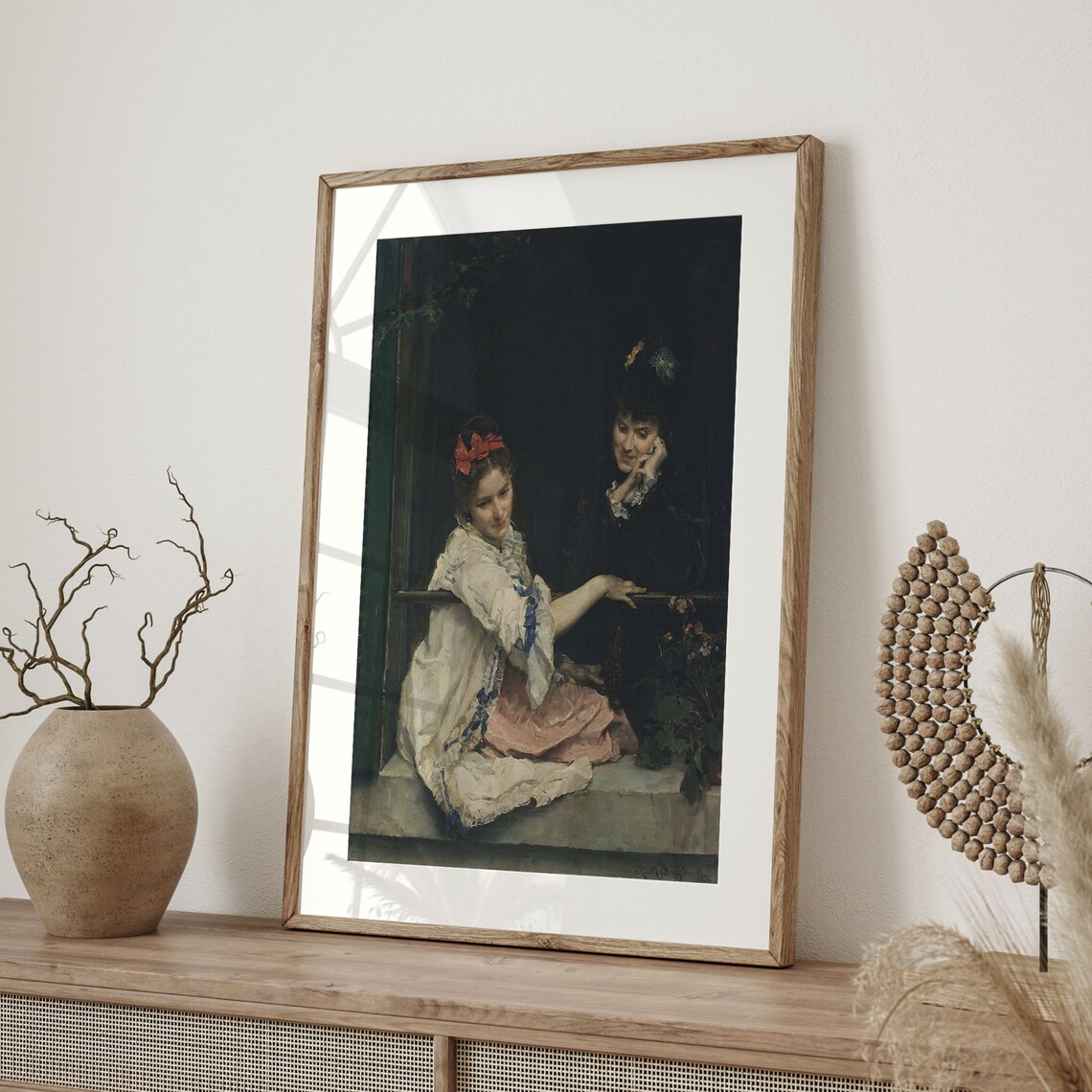 Vintage Woman Portrait White Dress Red Bow Antique Interior Scene Poster - Image 4