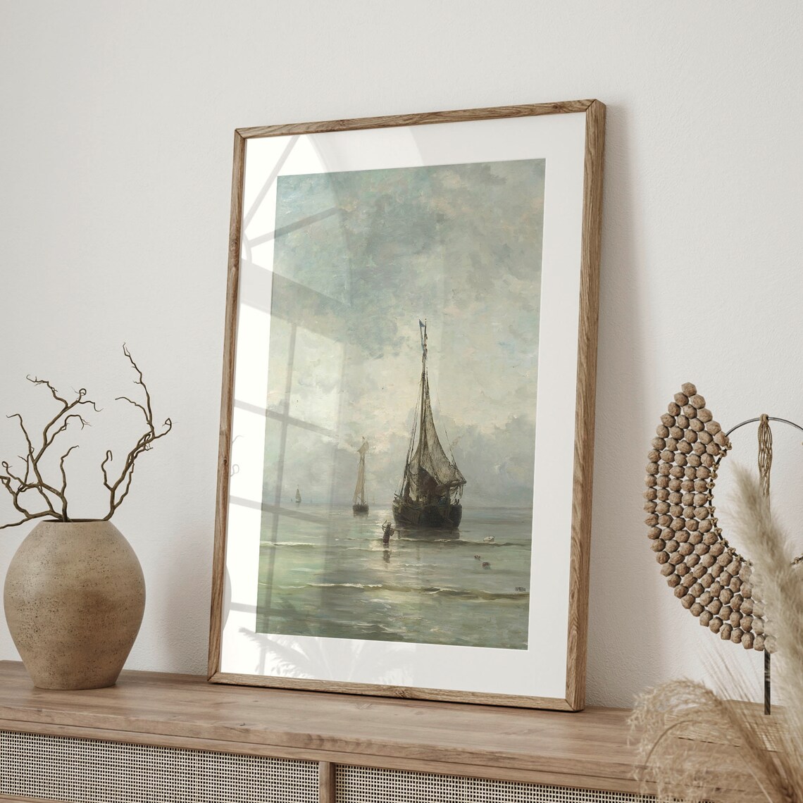 Vintage Coastal Seascape Misty Fishing Boats Calm Water Landscape Poster - Image 4