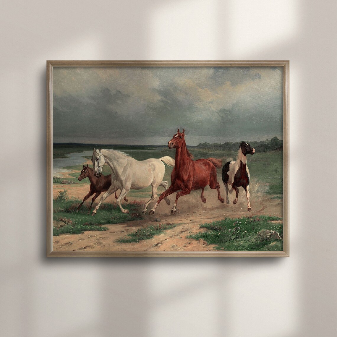 Antique Western Landscape Wild Horses, Vintage Poster