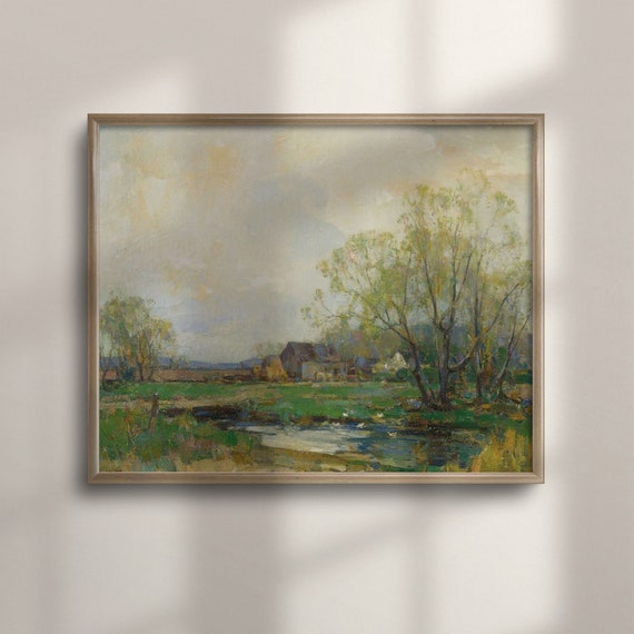 Vintage Countryside River And Meadow Landscape Painting Farmhouse Wall Art Green Fields Decor Oil On C16 607