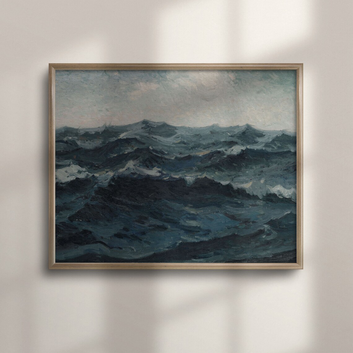Stormy Dark Ocean Waves Dramatic Deep Teal Seascape Oil Painting Poster