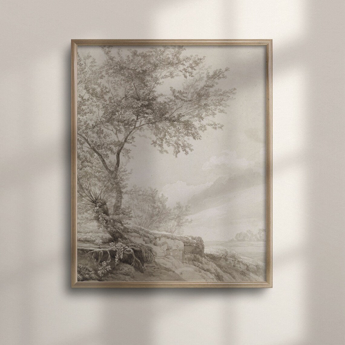Sepia Ink Wash Drawing of a Tree on a Hillside Vintage Art Poster