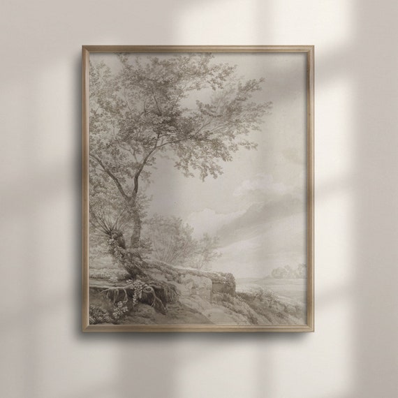 Neutral Tree Sketch Art Soft Nature Inspired Drawing Rustic Wall Decor Tranquil Serene Home Accent C16 815