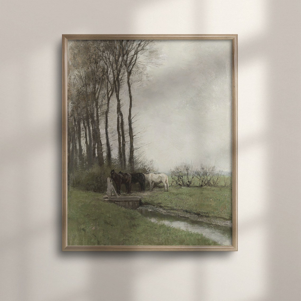 Horses By Stream Vintage Meadow Landscape Tall Bare Trees Gray Poster