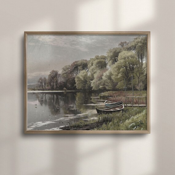 Tranquil Lakeside Boats Vintage Oil Painting Calm Water Poster