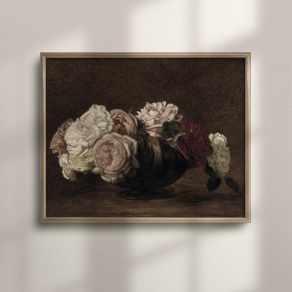 Classic Art Rose Painting Vintage Style Still Life Bowl Of Roses Moody Floral Wall Art Shipped Prints C16 516