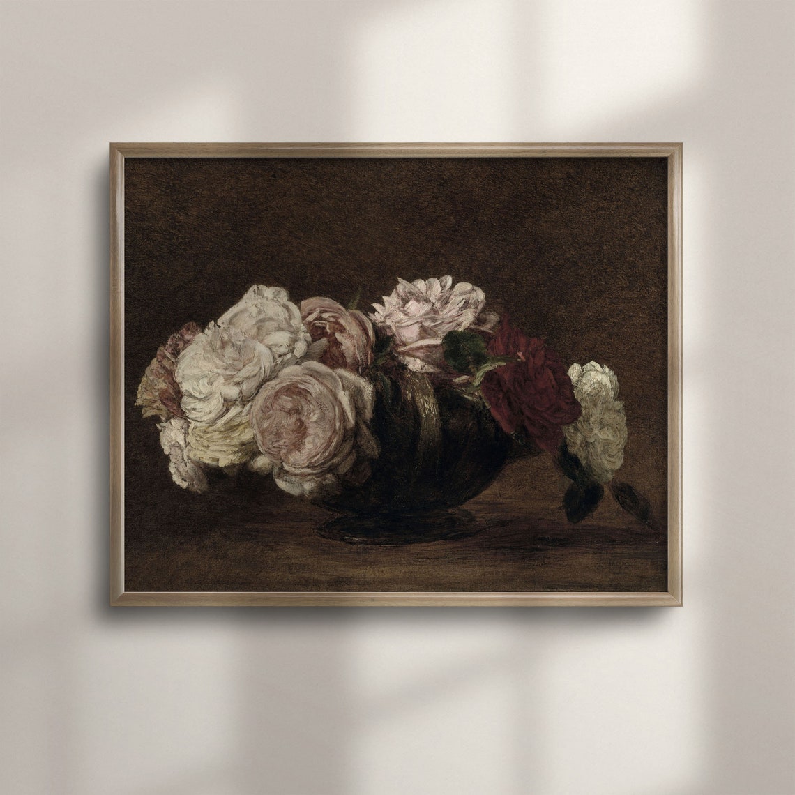 White and Red Roses in a Dark Bowl Antique Floral Oil Poster