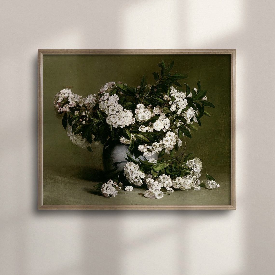 Vintage White Hawthorn Blossoms Vase Olive Green Floral Poster