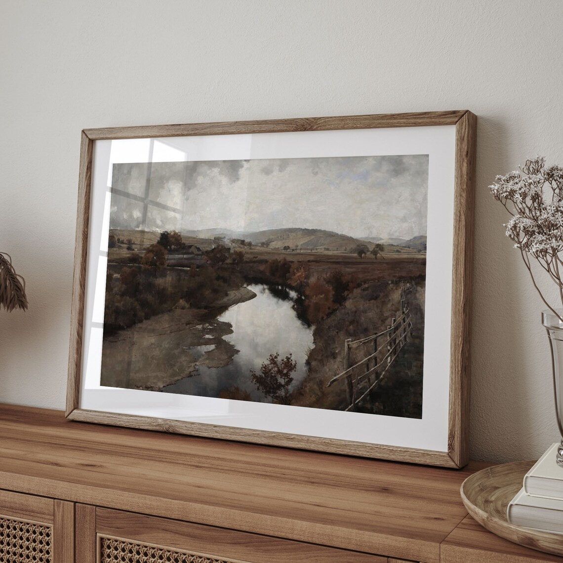 Moody River Wooden Fence Autumn Hills Reflective Water Vintage Painting Poster - Image 4