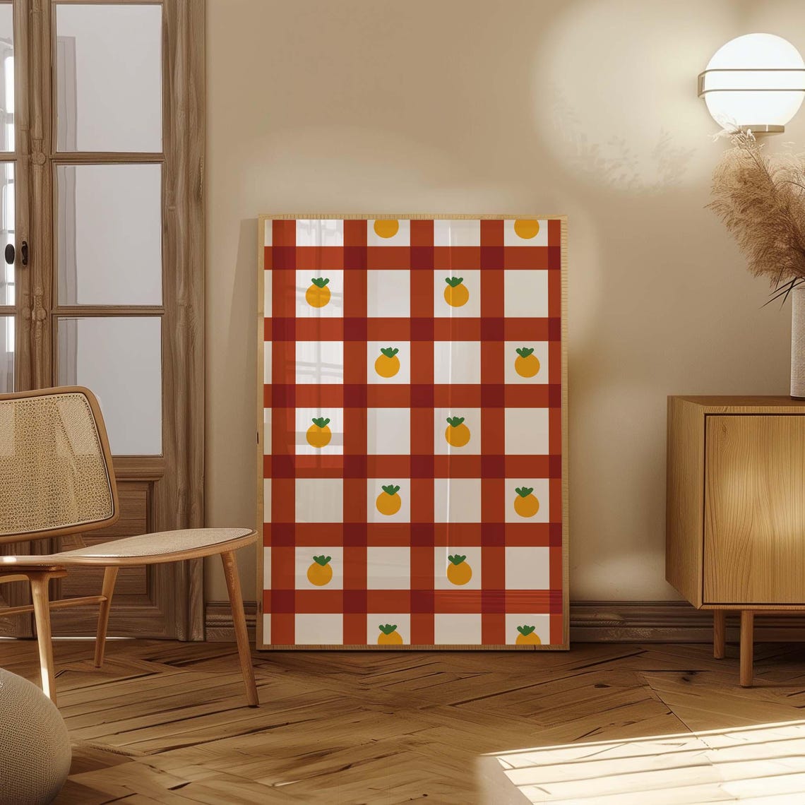 Burnt Orange Gingham Check Clementine Fruit Pattern Kitchen Poster - Image 3