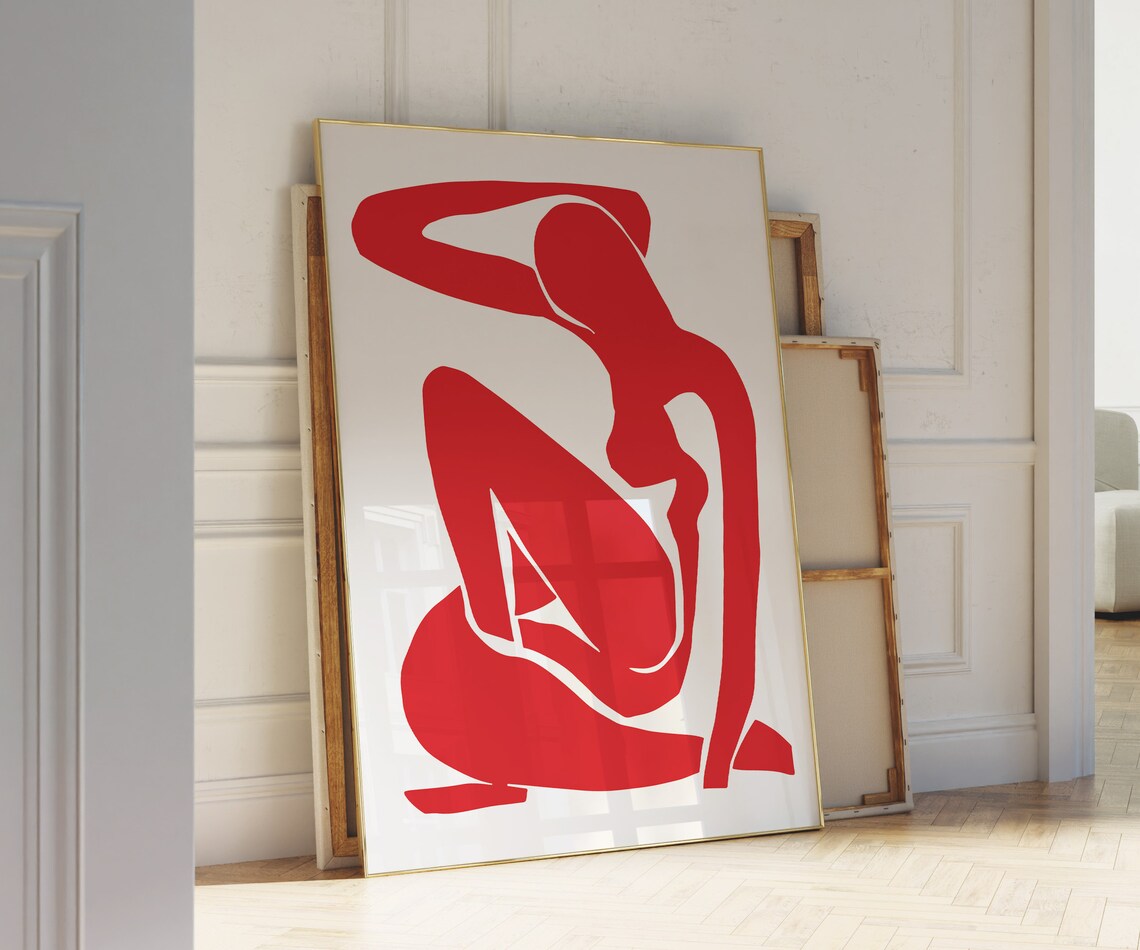 Bold Matisse Style Red Nude Figure Abstract Paper Cut Out Print