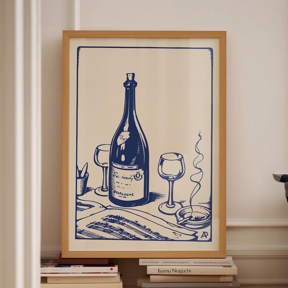 Blue Ink Wine Bottle Bourgogne Still Life French Kitchen Poster