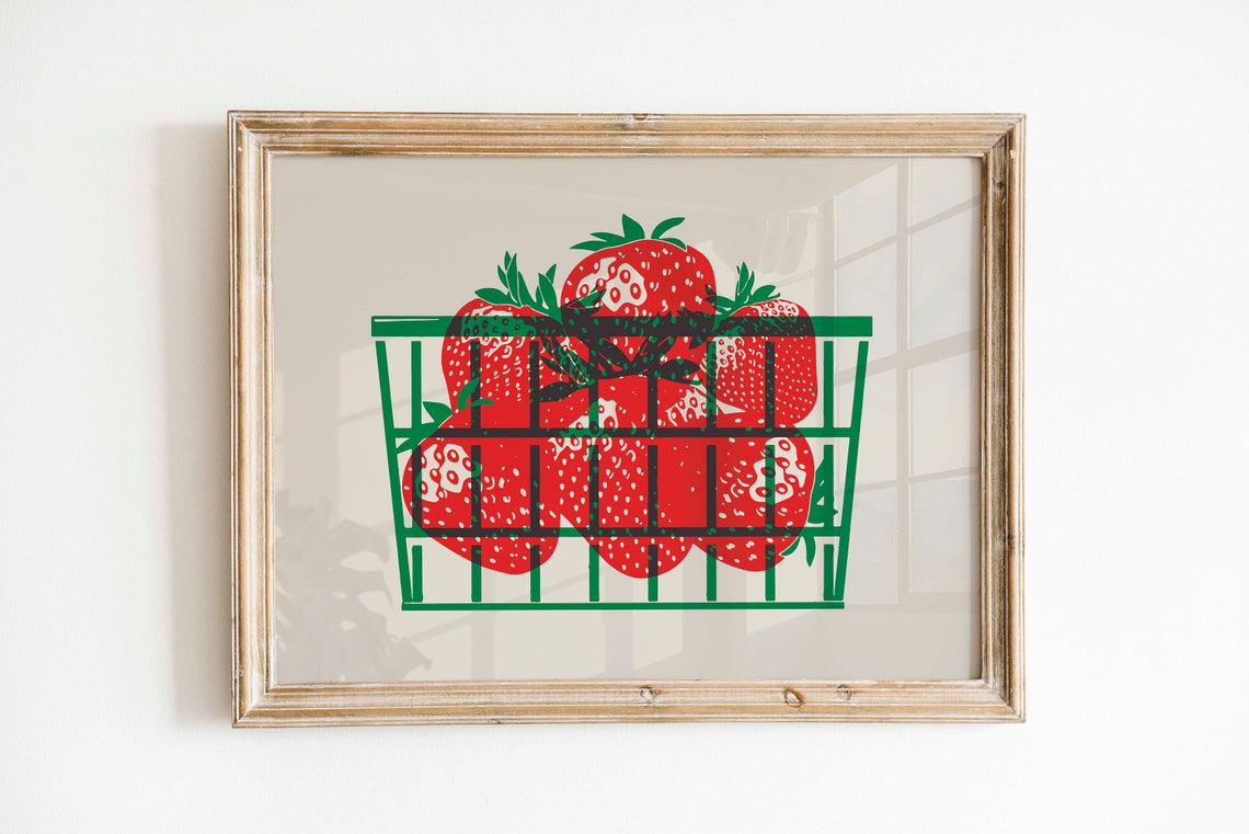 Red Strawberries Green Berry Basket Retro Fruit Kitchen Art Poster - Image 3