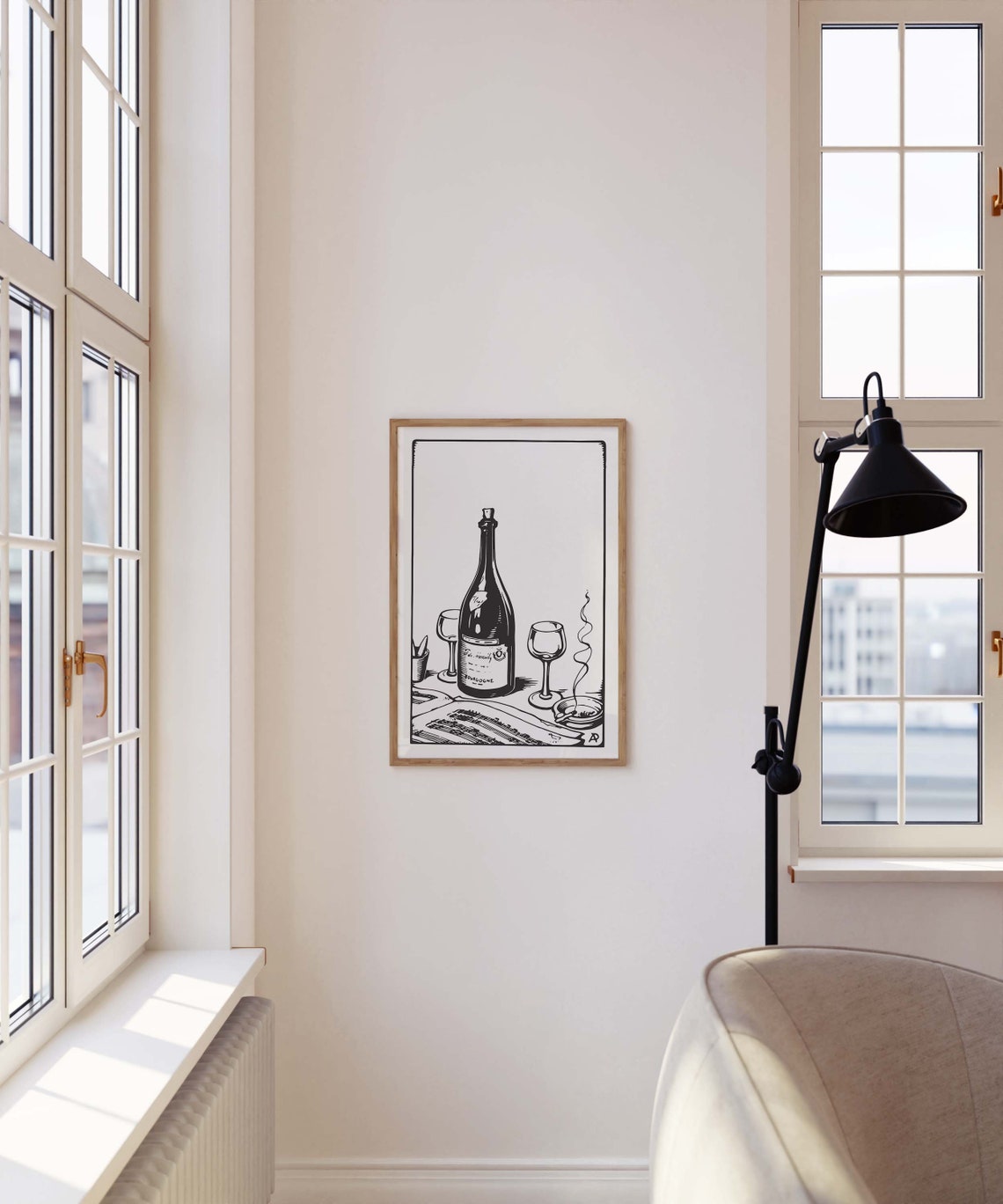 Vintage Wine Bottle Bourgogne Still Life Line Art Poster Wall Decor - Image 3