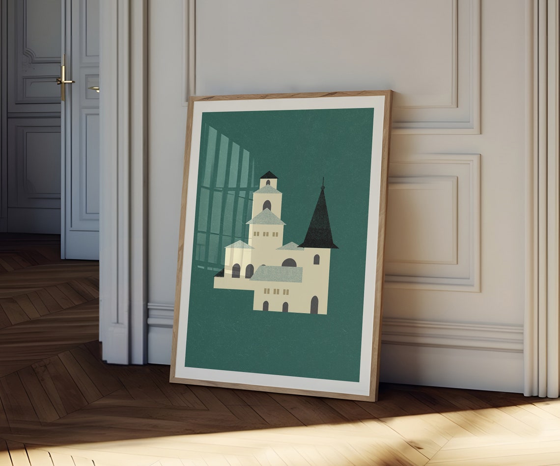Teal Green Church Mid Century Architecture Poster Wall Decor Art - Image 2