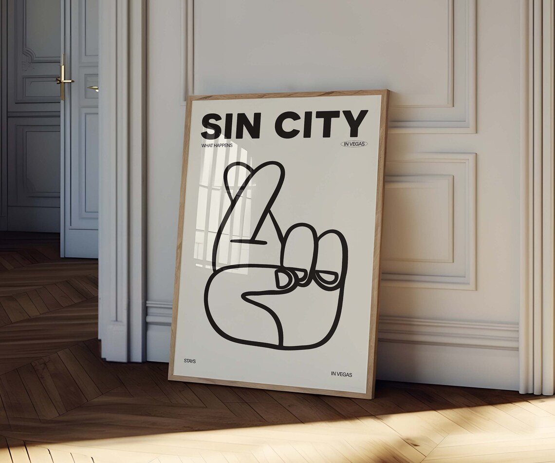 Sin City Vegas Print What Happens In Vegas Stays In Vegas Hand Drawn Sketch Aesthetic Wall Art Trendy Black And White Art - Image 3