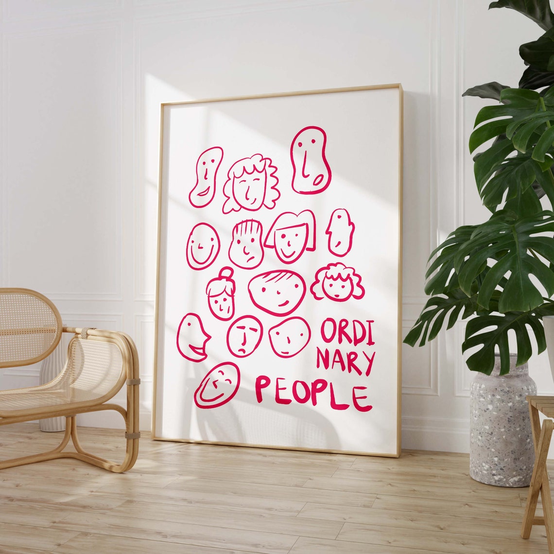 Ordinary People Red Hand Drawn Faces Line Art Exhibition Print - Image 2