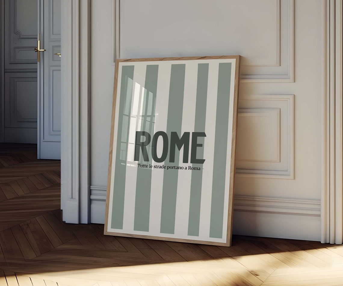 Rome All Roads Lead To Rome Italian Green Stripe Typography Poster - Image 2