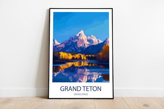 Grand Teton National Park Mountain Lake Reflection Travel Poster