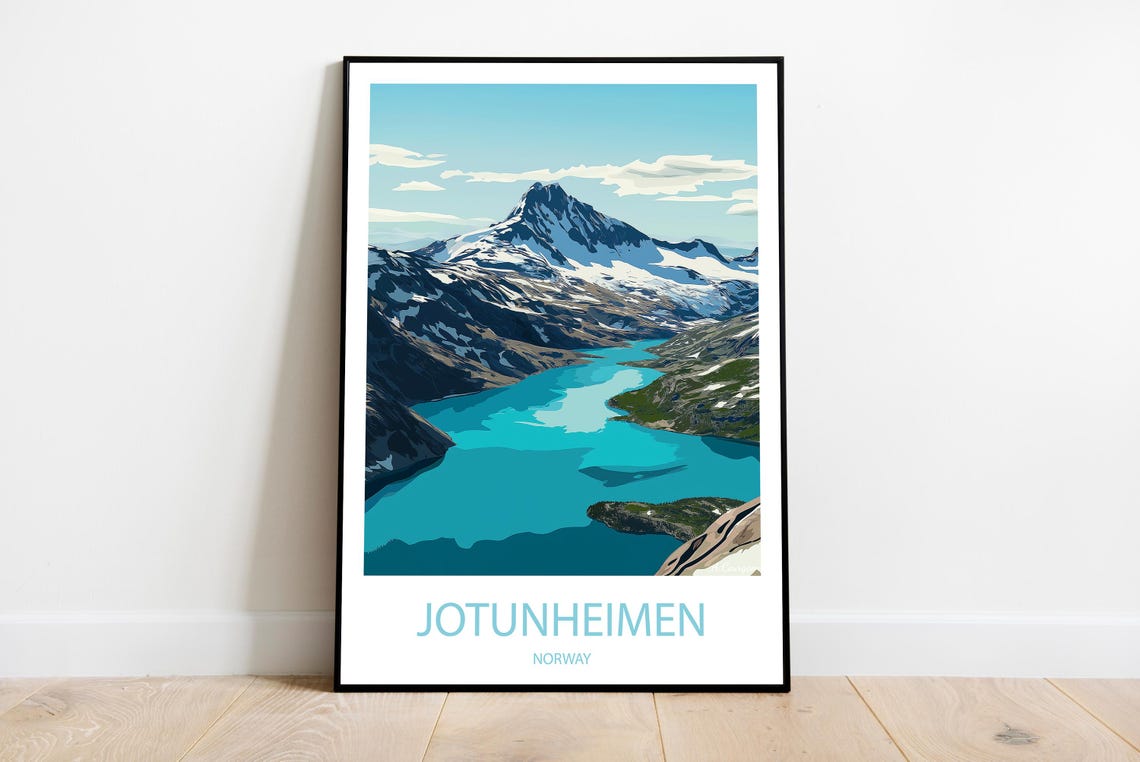 Handmade Jotunheimen Norway Poster Wall Art Modern Travel Framed Birthday Home Made Decor Gift Vector Illustration Print