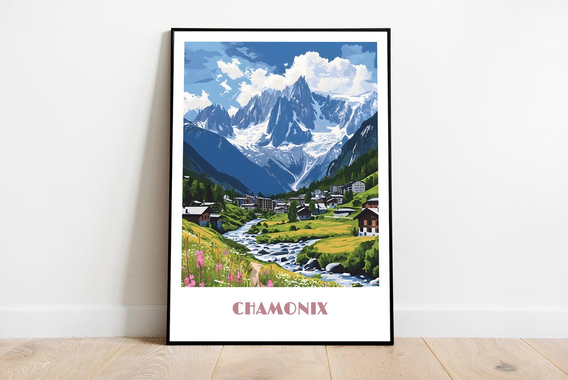 Handmade Chamonix Poster Wall Art Modern Travel Framed Birthday Home Made Decor Gift Vector Illustration Print Painting Custom