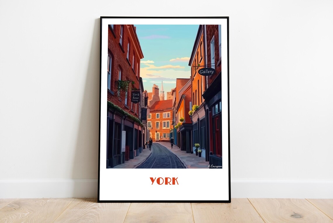 Historic York England Brick Street Scene Retro Travel Poster
